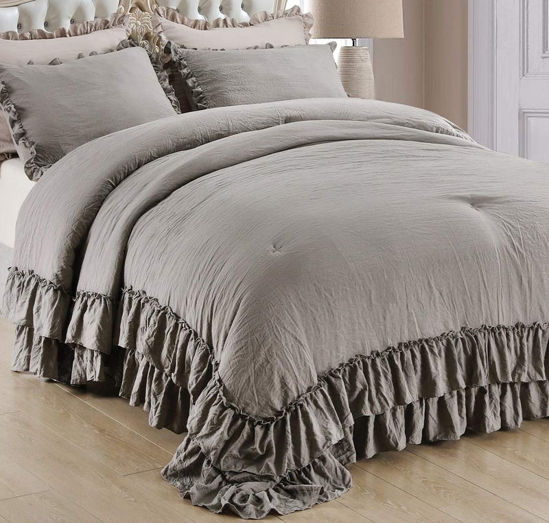 QSH Shabby Grey Ruffled Chic Comforter Queen Size, Farmhouse Boho Bedding Comforter Sets, 3 Pieces All Season Microfiber Inner Fill Bedding, Ultra Soft Lightweight Comforter Queen for Bed - Image 1